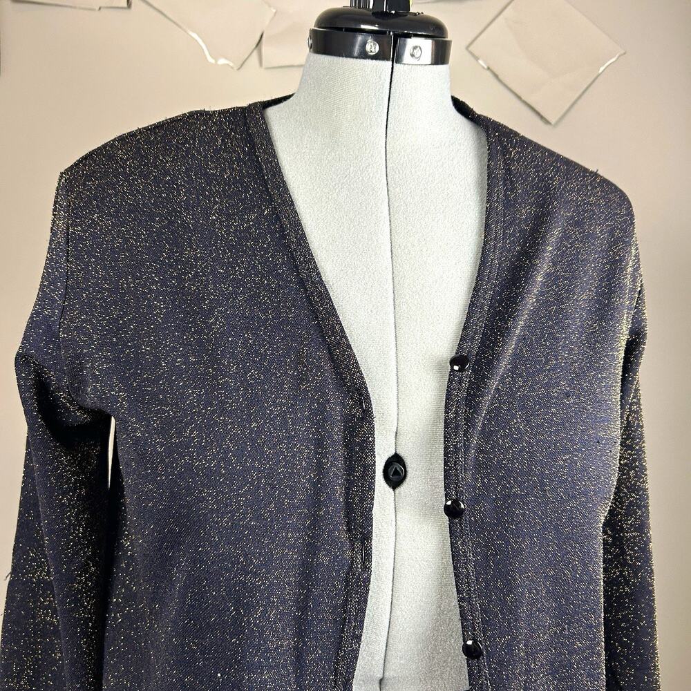 Karen Scott Black/Gold Metallic Knit Button Front V-Neck Cardigan Sweater